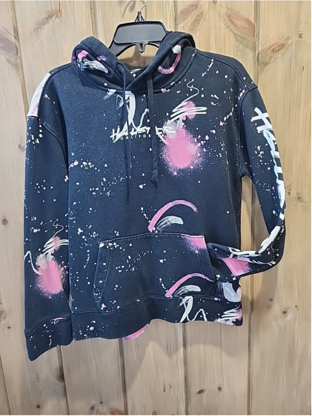 Hollister Hoodie Black Pink White Splatter XS